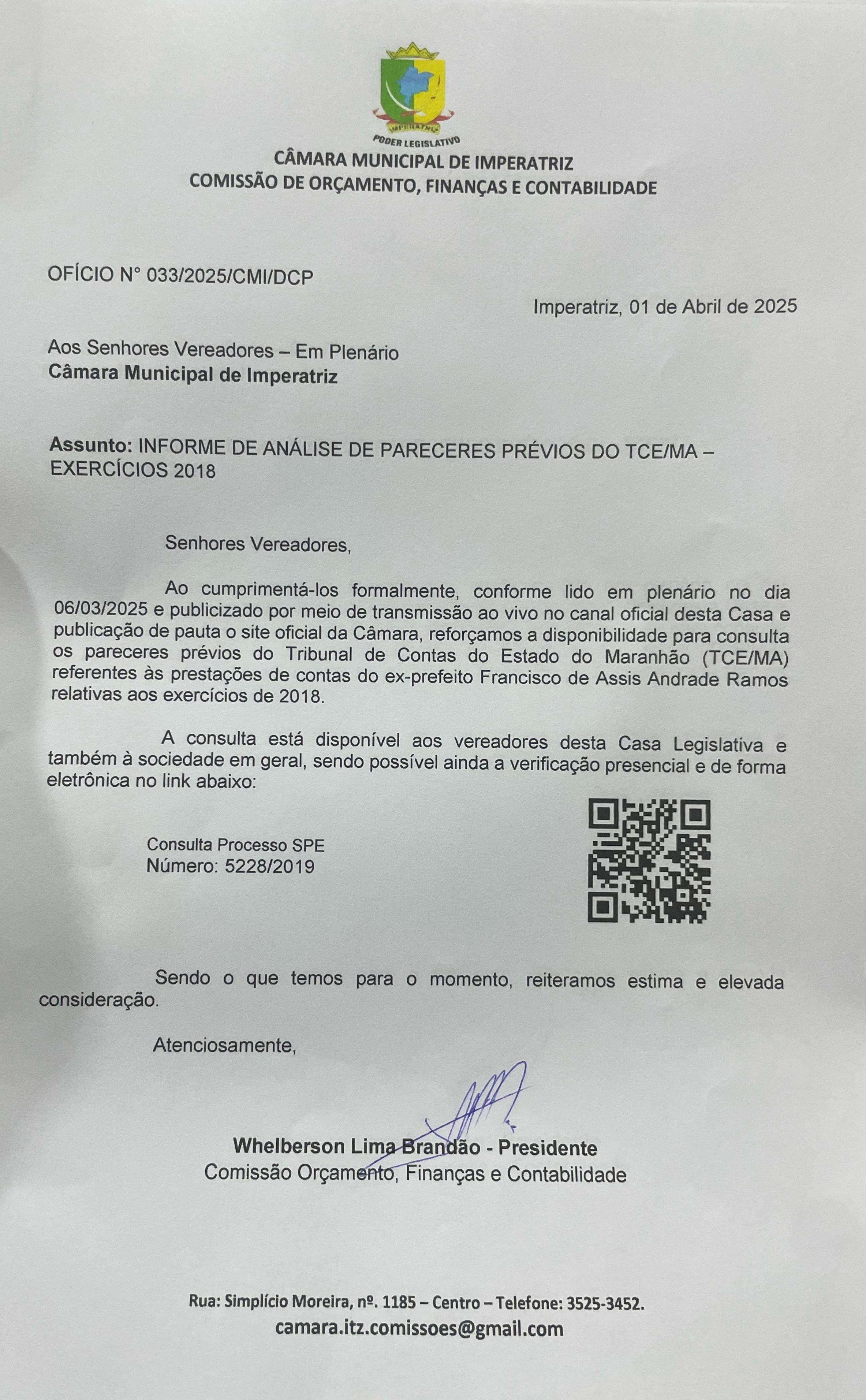 Comissão de Orçamento da Câmara de Imperatriz realiza reunião extraordinária